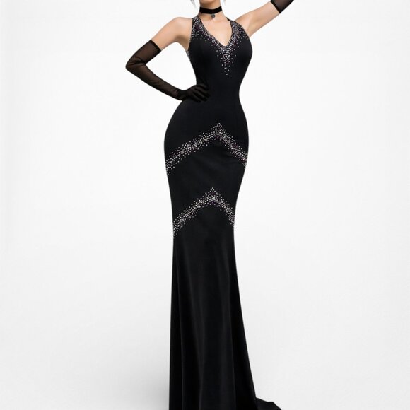 American Vintage Dresses & Skirts - Vintage Y2K 90s Black Purple V-Neck Beaded Bodycon Maxi Formal Prom Dress Size M